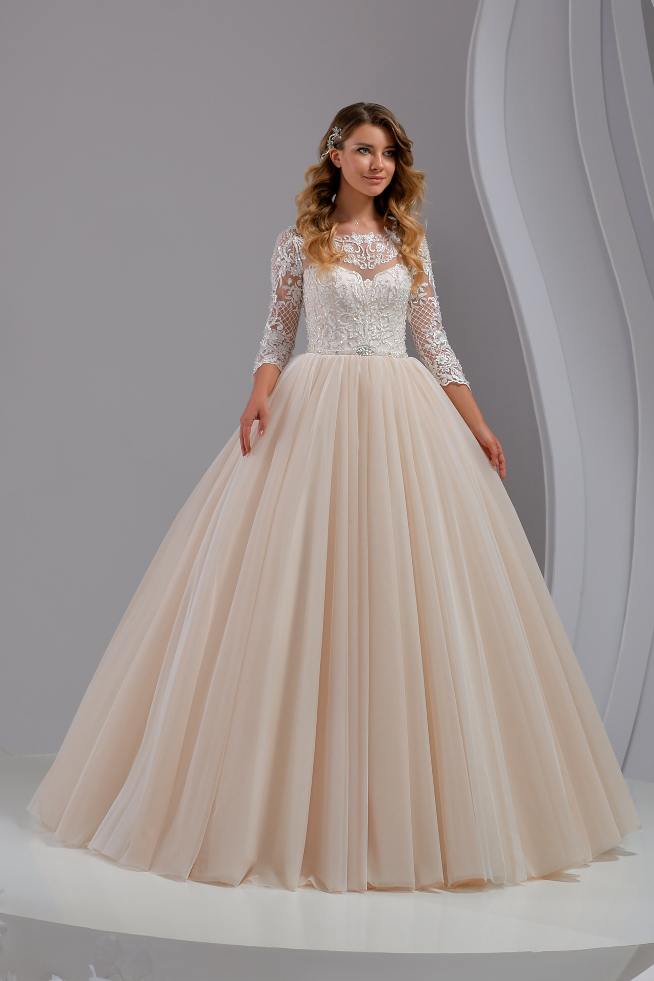 Lace ball gown wedding dress, Blush lace wedding dress,Lace tulle wedding dress, Layered tulle wedding dress, Hope