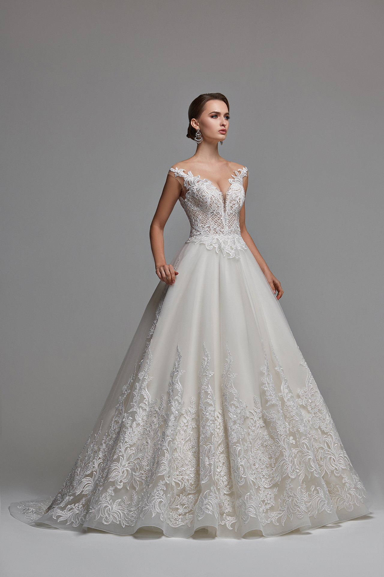 A line lace wedding dress, Low back tulle wedding dress, Tulle ball gown wedding dress, Lace overlay wedding dress, Monica